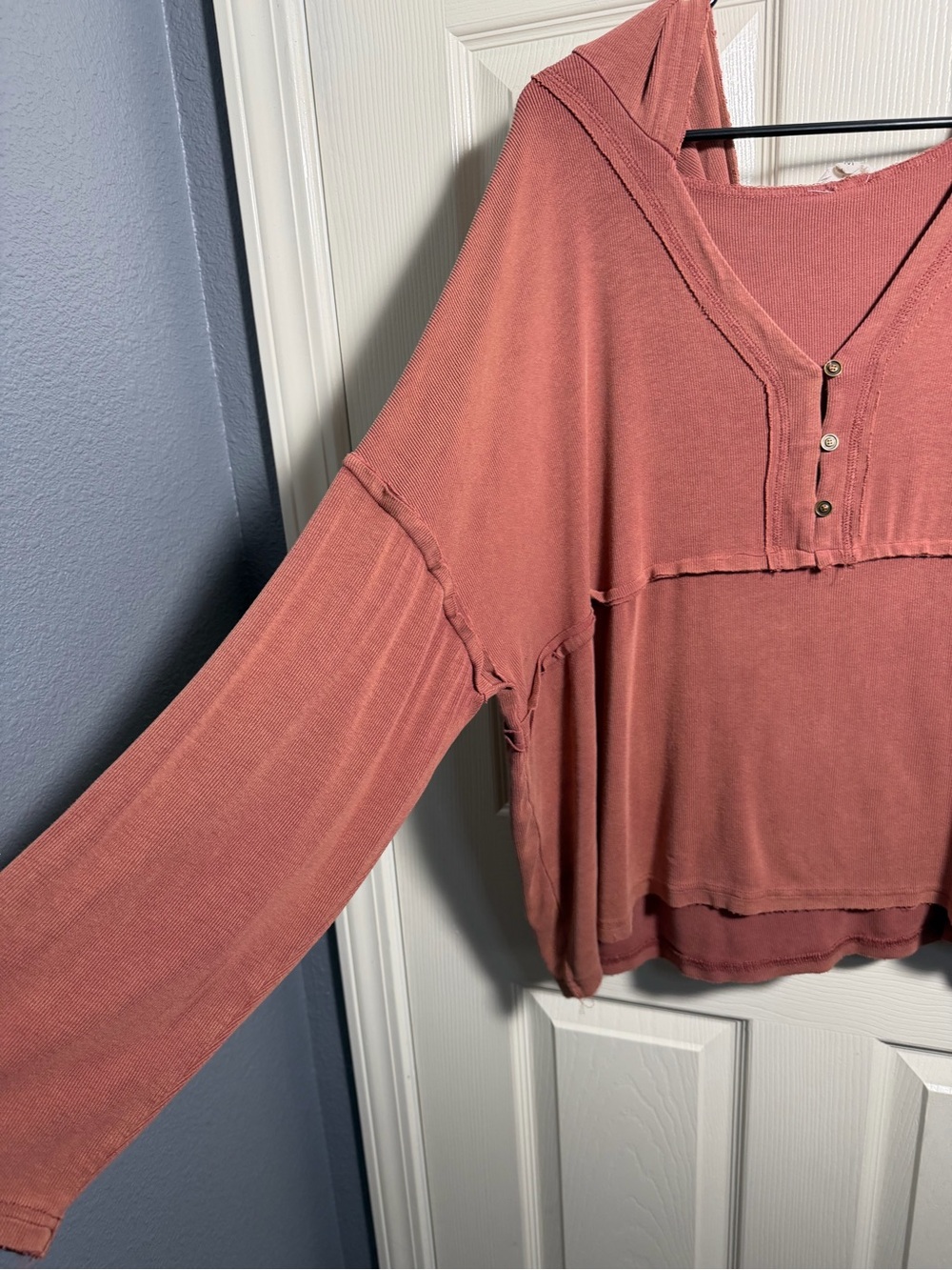 Women’s POL Long Sleeve Hooded Henley in a Rust/Brown color, size Medium - Picture 3 of 7
